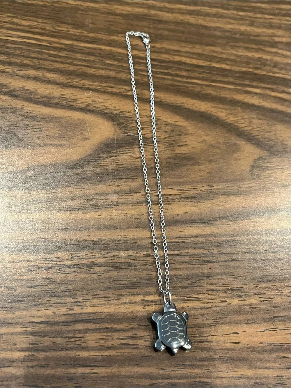 Hematite Turtle Pendant on Silver Tone Chain Necklace